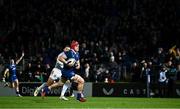 29 March 2024; Josh van der Flier of Leinster on his way to scoring his side's first try during the United Rugby Championship match between Leinster and Vodacom Bulls at the RDS Arena in Dublin. Photo by Harry Murphy/Sportsfile