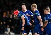 29 March 2024; Josh van der Flier of Leinster celebrates with teammates Joe McCarthy and Jamie Osborne after scoring his side's first try  during the United Rugby Championship match between Leinster and Vodacom Bulls at the RDS Arena in Dublin. Photo by Harry Murphy/Sportsfile