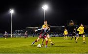 29 March 2024; Darragh Markey of Drogheda United in action against Chris Forrester of St Patrick's Athletic during the SSE Airtricity Men's Premier Division match between Drogheda United and St Patrick's Athletic at Weavers Park in Drogheda, Louth. Photo by Piaras Ó Mídheach/Sportsfile