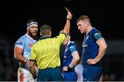 29 March 2024; Referee Craig Evans shows a yellow card to Luke McGrath of Leinster, not pictured, during the United Rugby Championship match between Leinster and Vodacom Bulls at the RDS Arena in Dublin. Photo by Seb Daly/Sportsfile