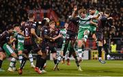 29 March 2024; Roberto Lopes of Shamrock Rovers, right, has a header on goal during the SSE Airtricity Men's Premier Division match between Shamrock Rovers and Bohemians at Tallaght Stadium in Dublin. Photo by Stephen McCarthy/Sportsfile