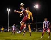 29 March 2024; Adam Foley of Drogheda United beats Chris Forrester of St Patrick's Athletic to the header during the SSE Airtricity Men's Premier Division match between Drogheda United and St Patrick's Athletic at Weavers Park in Drogheda, Louth. Photo by Piaras Ó Mídheach/Sportsfile