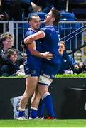 29 March 2024; James Lowe of Leinster celebrates with teammate Joe McCarthy after scoring his side's third try during the United Rugby Championship match between Leinster and Vodacom Bulls at the RDS Arena in Dublin. Photo by Harry Murphy/Sportsfile