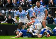 29 March 2024; Michael Milne of Leinster dives over to score his side's fourth try despite the tackle of Ruan Vermaak of Vodacom Bulls during the United Rugby Championship match between Leinster and Vodacom Bulls at the RDS Arena in Dublin. Photo by Harry Murphy/Sportsfile