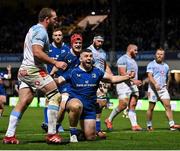 29 March 2024; Michael Milne of Leinster celebrates after scoring his side's fourth try during the United Rugby Championship match between Leinster and Vodacom Bulls at the RDS Arena in Dublin. Photo by Seb Daly/Sportsfile