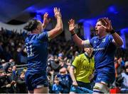 29 March 2024; James Lowe of Leinster, left, celebrates with teammate Joe McCarthy after scoring their side's third try during the United Rugby Championship match between Leinster and Vodacom Bulls at the RDS Arena in Dublin. Photo by Seb Daly/Sportsfile