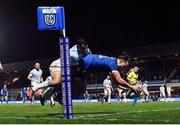 29 March 2024; James Lowe of Leinster scores his side's third try, despite the tackle of Embrose Papier of Vodacom Bulls, during the United Rugby Championship match between Leinster and Vodacom Bulls at the RDS Arena in Dublin. Photo by Seb Daly/Sportsfile