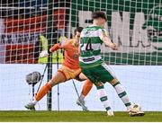 29 March 2024; Johnny Kenny of Shamrock Rovers shoots to score his side's first goal past Bohemians goalkeeper Kacper Chorazka during the SSE Airtricity Men's Premier Division match between Shamrock Rovers and Bohemians at Tallaght Stadium in Dublin. Photo by Stephen McCarthy/Sportsfile