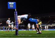 29 March 2024; James Lowe of Leinster scores his side's third try, despite the tackle of Vodacom Bulls' Embrose Papier, during the United Rugby Championship match between Leinster and Vodacom Bulls at the RDS Arena in Dublin. Photo by Seb Daly/Sportsfile