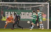 29 March 2024; Darragh Burns of Shamrock Rovers scores his side's second goal past Bohemians goalkeeper Kacper Chorazka during the SSE Airtricity Men's Premier Division match between Shamrock Rovers and Bohemians at Tallaght Stadium in Dublin. Photo by Stephen McCarthy/Sportsfile