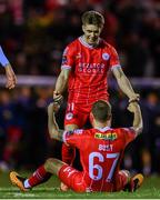 29 March 2024; Liam Burt of Shelbourne, 67, celebrates with team-mate Matty Smith after scoring their side's first goal during the SSE Airtricity Men's Premier Division match between Shelbourne and Dundalk at Tolka Park in Dublin. Photo by Tyler Miller/Sportsfile