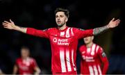 29 March 2024; Ellis Chapman of Sligo Rovers celebrates after scoring his side's first goal during the SSE Airtricity Men's Premier Division match between Waterford and Sligo Rovers at the Regional Sports Centre in Waterford. Photo by Michael P Ryan/Sportsfile