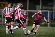 29 March 2024; Edward McCarthy of Galway United in action against Shane McEleney of Derry City during the SSE Airtricity Men's Premier Division match between Derry City and Galway United at The Ryan McBride Brandywell Stadium in Derry. Photo by Ben McShane/Sportsfile