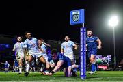 29 March 2024; Dan Sheehan of Leinster dives over to score his side's fifth try during the United Rugby Championship match between Leinster and Vodacom Bulls at the RDS Arena in Dublin. Photo by Harry Murphy/Sportsfile