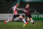 29 March 2024; David Hurley of Galway United in action against Mark Connolly of Derry City during the SSE Airtricity Men's Premier Division match between Derry City and Galway United at The Ryan McBride Brandywell Stadium in Derry. Photo by Ben McShane/Sportsfile