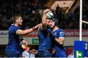 29 March 2024; Jack Conan of Leinster, centre, celebrates with teammates Caelan Doris, right, and Joe McCarthy after scoring their side's sixth try during the United Rugby Championship match between Leinster and Vodacom Bulls at the RDS Arena in Dublin. Photo by Seb Daly/Sportsfile