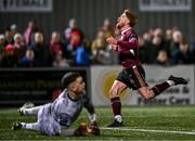 29 March 2024; Aodh Dervin of Galway United reacts after a missed opportunity on goal during the SSE Airtricity Men's Premier Division match between Derry City and Galway United at The Ryan McBride Brandywell Stadium in Derry. Photo by Ben McShane/Sportsfile