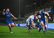 29 March 2024; Dan Sheehan of Leinster evades the tackle of Johan Grobbelaar of Vodacom Bulls on his way to scoring his side's fifth try during the United Rugby Championship match between Leinster and Vodacom Bulls at the RDS Arena in Dublin. Photo by Harry Murphy/Sportsfile