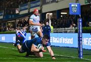 29 March 2024; Dan Sheehan of Leinster dives over to score his side's fifth try during the United Rugby Championship match between Leinster and Vodacom Bulls at the RDS Arena in Dublin. Photo by Harry Murphy/Sportsfile