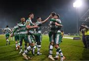 29 March 2024; Darragh Burns of Shamrock Rovers, right, celebrates with team mates after scoring their side's second goal during the SSE Airtricity Men's Premier Division match between Shamrock Rovers and Bohemians at Tallaght Stadium in Dublin. Photo by David Fitzgerald/Sportsfile