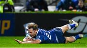 29 March 2024; Liam Turner of Leinster dives over to score his side's seventh try during the United Rugby Championship match between Leinster and Vodacom Bulls at the RDS Arena in Dublin. Photo by Harry Murphy/Sportsfile