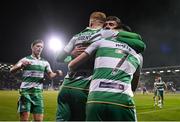 29 March 2024; Darragh Burns of Shamrock Rovers, centre, celebrates with team mates after scoring their side's second goal during the SSE Airtricity Men's Premier Division match between Shamrock Rovers and Bohemians at Tallaght Stadium in Dublin. Photo by David Fitzgerald/Sportsfile