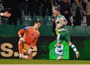 29 March 2024; Aaron Greene of Shamrock Rovers celebrates after scoring his side's third goal past Bohemians goalkeeper Kacper Chorazka during the SSE Airtricity Men's Premier Division match between Shamrock Rovers and Bohemians at Tallaght Stadium in Dublin. Photo by Stephen McCarthy/Sportsfile