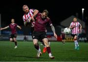 29 March 2024; Stephen Walsh of Galway United in action against Mark Connolly of Derry City during the SSE Airtricity Men's Premier Division match between Derry City and Galway United at The Ryan McBride Brandywell Stadium in Derry. Photo by Ben McShane/Sportsfile