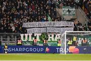 29 March 2024; Shamrock Rovers supporters hold up a banner during the SSE Airtricity Men's Premier Division match between Shamrock Rovers and Bohemians at Tallaght Stadium in Dublin. Photo by Stephen McCarthy/Sportsfile