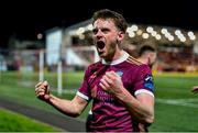 29 March 2024; Robert Slevin of Galway United celebrates his side's first goal, scored by teammate Stephen Walsh, during the SSE Airtricity Men's Premier Division match between Derry City and Galway United at The Ryan McBride Brandywell Stadium in Derry. Photo by Ben McShane/Sportsfile