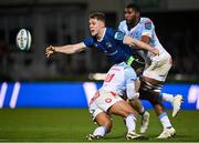 29 March 2024; Rob Russell of Leinster is tackled by Vodacom Bulls players Kurt-Lee Arendse, left, and Mpilo Gumede during the United Rugby Championship match between Leinster and Vodacom Bulls at the RDS Arena in Dublin. Photo by Seb Daly/Sportsfile