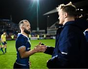 29 March 2024; Jamison Gibson-Park and Josh van der Flier of Leinster after their side's victory in the United Rugby Championship match between Leinster and Vodacom Bulls at the RDS Arena in Dublin. Photo by Harry Murphy/Sportsfile