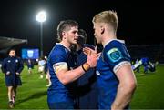 29 March 2024; Joe McCarthy and Jamie Osborne of Leinster after their side's victory in the United Rugby Championship match between Leinster and Vodacom Bulls at the RDS Arena in Dublin. Photo by Harry Murphy/Sportsfile