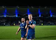 29 March 2024; Jamie Osborne and Michael Milne of Leinster after their side's victory in the United Rugby Championship match between Leinster and Vodacom Bulls at the RDS Arena in Dublin. Photo by Harry Murphy/Sportsfile