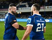29 March 2024; Michael Milne and Jamison Gibson-Park of Leinster after their side's victory in the United Rugby Championship match between Leinster and Vodacom Bulls at the RDS Arena in Dublin. Photo by Harry Murphy/Sportsfile