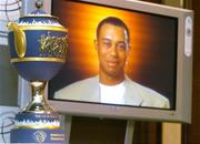 26 July 2004; Tiger Woods, alongside the Gene Sarazen trophy, speaking via a video link at a press conference in the Conrad Hotel, Dublin, to announce details of the American Express World Golf Championship, which takes place from 27th September to 3rd October 2004 in Mount Juliet Golf Club, Thomastown, Co. Kilkenny. Picture credit; Brendan Moran / SPORTSFILE