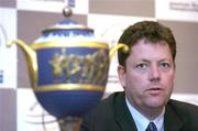 26 July 2004; Peter Adams, Executive Director, World Golf Championships, alongside the Gene Sarazen trophy, speaking at a press conference in the Conrad Hotel, Dublin, to announce details of the American Express World Golf Championship, which takes place from 27th September to 3rd October 2004 in Mount Juliet Golf Club, Thomastown, Co. Kilkenny. Picture credit; Brendan Moran / SPORTSFILE