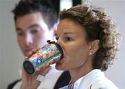 26 July 2004; Sonia O'Sullivan takes a drink at an Athletics Association of Ireland Media Luncheon at the Herbert Park Hotel, Dublin. Picture credit; Brendan Moran / SPORTSFILE