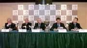 26 July 2004; The top table, from left, Eoin Cotter, Director, Mount Juliet, Dr Tim O'Mahony, Chairman, Mount Juliet, Fintan Drury, Drury Sports Management, Peter Adams, Executive Director, World Golf Champinship and Peter Keeley, Marketing Director, Failte Ireland, at a press conference in the Conrad Hotel, Dublin, to announce details of the American Express World Golf Championship, which takes place from 27th September to 3rd October 2004 in Mount Juliet Golf Club, Thomastown, Co. Kilkenny. Picture credit; Brendan Moran / SPORTSFILE