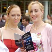 29 July 2004; Yvonne Fitzmaurice, left, and Rachel Ryan, both from Galway, enjoying Ladies Day at the Galway Festival. Galway Races, Ballybrit, Co. Galway. Picture credit; Pat Murphy / SPORTSFILE