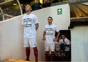 13 September 2013; St Patrick’s Athletic's Conor Kenna and Ger O'Brien wear t-shirts in support of Drogheda United's Gary O'Neill. FAI Ford Cup Quarter-Final, St Patrick’s Athletic v Shamrock Rovers, Richmond Park, Dublin. Picture credit: David Maher / SPORTSFILE