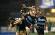 13 September 2013; George Naoupu, Connacht, contests a high ball with Owen Williams, Cardiff Blues. Celtic League 2013/14, Round 2, Cardiff Blues v Connacht, Arms Park, Cardiff, Wales. Picture credit: Steve Pope / SPORTSFILE