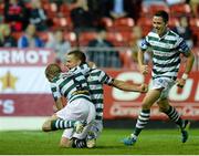 13 September 2013; Shamrock Rovers' Shane Robinson, centre, celebrates after scoring his side's second goal with team-mates Conor Powell, left, and Billy Dennehy. FAI Ford Cup Quarter-Final, St Patrick’s Athletic v Shamrock Rovers, Richmond Park, Dublin. Picture credit: David Maher / SPORTSFILE