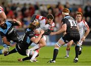 13 September 2013; Jared Payne, Ulster, is tackled by Jonny Gray, Glasgow Warriors. Celtic League 2013/14, Round 2, Ulster v Glasgow Warriors, Ravenhill Park, Belfast, Co. Antrim. Picture credit: Oliver McVeigh / SPORTSFILE
