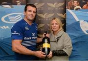 14 September 2013; Leinster's Shane Jennings is presented with the Most Valued Player Award, sponsored by Wolf Blass Wine, by Michelle O'Sullivan, Marketing Manager, Wolf Blass Wine. Celtic League 2013/14, Round 2, Leinster v Ospreys, RDS, Ballsbridge, Dublin. Picture credit: Stephen McCarthy / SPORTSFILE