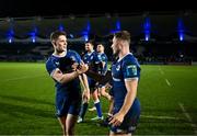 29 March 2024; Rob Russell and Jordan Larmour of Leinster after their side's victory in the United Rugby Championship match between Leinster and Vodacom Bulls at the RDS Arena in Dublin. Photo by Harry Murphy/Sportsfile