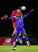 29 March 2024; Charlie Wiggett of Sligo Rovers in action against Christie Pattisson of Waterford during the SSE Airtricity Men's Premier Division match between Waterford and Sligo Rovers at the Regional Sports Centre in Waterford. Photo by Michael P Ryan/Sportsfile