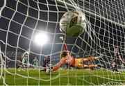 29 March 2024; Darragh Burns of Shamrock Rovers scores his side's second goal past Bohemians goalkeeper Kacper Chorazka the SSE Airtricity Men's Premier Division match between Shamrock Rovers and Bohemians at Tallaght Stadium in Dublin. Photo by David Fitzgerald/Sportsfile