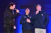 29 March 2024; MC and former Leinster player Mike McCarthy interviews Leinster players Tommy O'Brien and Will Connors before the United Rugby Championship match between Leinster and Vodacom Bulls at the RDS Arena in Dublin. Photo by Seb Daly/Sportsfile