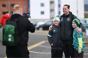 29 March 2024; Shamrock Rovers goalkeeper Lee Steacy poses for a photograph with with Shamrock Rovers supporters Mason, left, and Jaxon Forde before the SSE Airtricity Men's Premier Division match between Shamrock Rovers and Bohemians at Tallaght Stadium in Dublin. Photo by Stephen McCarthy/Sportsfile